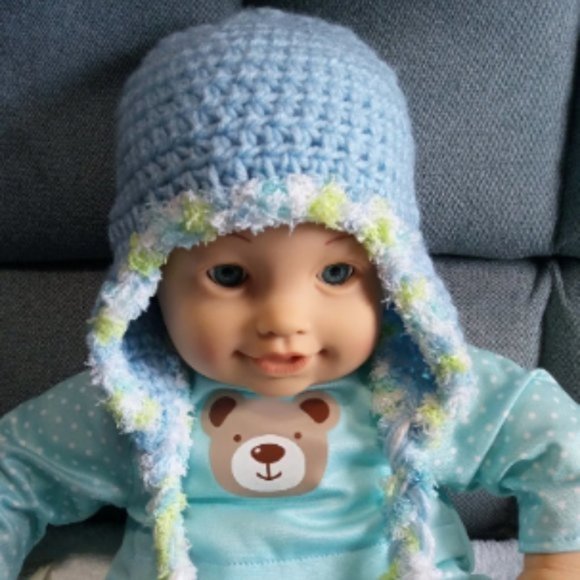 Hand Crafted Baby Boy Blue Earflap Hat crochet 0-3 months Winter Spring Fall - Picture 1 of 4